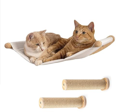 Cama Gato Pared,Hamaca De 3 Piezas con 2 Niveles De Escalones,Madera De Pino Maciza,Soporta Aproximadamente 10Kg,Utilizada para Dormir,Jugar,Trepar y como Estantería y Lugar De Descanso para Mascotas