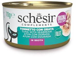 Schesir Tonnetto con Orata in Brodo, Cibo Umido per Gatti, in Lattine, 100% Naturale, con Vitamine Aggiunte, 12 x 70g