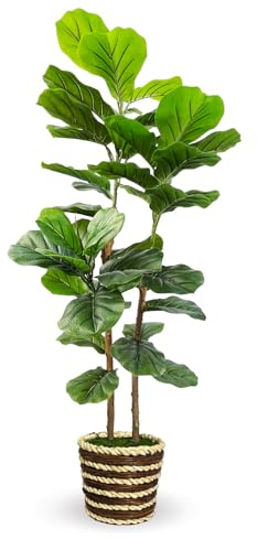 Artificial Fiddle Leaf Fig Tree with Woven Basket,4ft Tall Fake Tree with Natural Wood Trunk for Home Decor, Faux Ficus Tree Fake Moss for Indoor Office Living Room