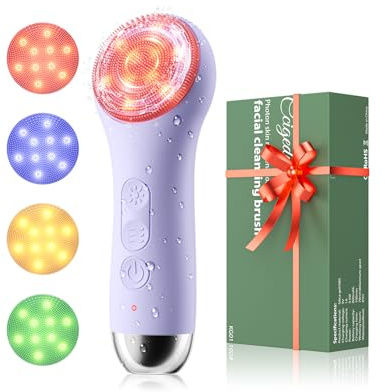 Brosse de nettoyage du visage IPX-7 étanche électrique rechargeable en silicone avec lumière LED 4 couleurs, 5 vitesses, appareil de massage exfoliant pour la peau pour homme et femme (violet)