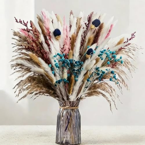 Kiswleon 110 styck Pampasgräs, stora torkade blommor, 44 cm, Boho-dekoration med slöja, Bunny-Tails-torkade blommor, brun Pampasgräsdekoration för vardagsrum, korridor, matbord, badrumsdekoration