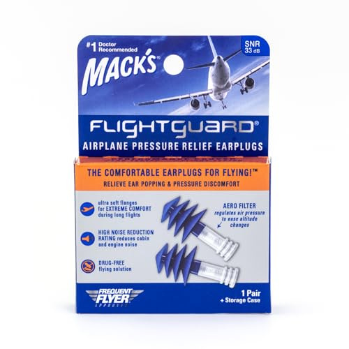 Mack's Flightguard flygplan tryckavlastande öronproppar – 26 dB NRR, 33 dB SNR – bekväma, säkra, reseöronproppar för flygande lufttryck öronsmärta, öronpoppning och brusreducering