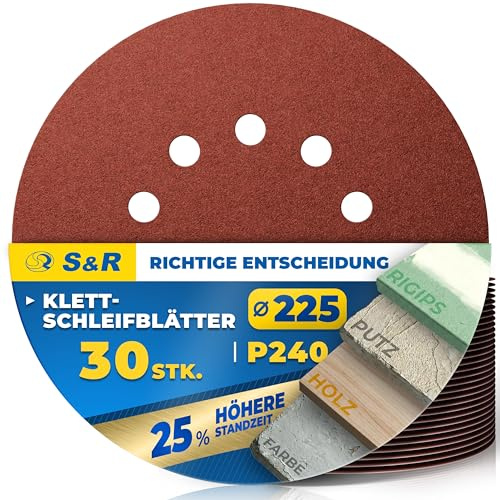 S&R 30 Discos Abrasivos 225mm Velcro P240, 10 Agujeros, Disco de lija 225 Lijadora Jirafa, Discos para Lijadora Excéntrica & Girafa, Papel de Lija para Pared, Techo, Placa de Yeso
