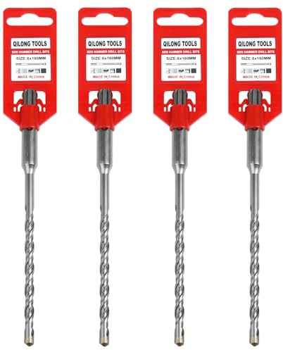 Lot de 4 Foret Béton SDS Plus 6 x 160 mm – Rouge pour identification – Pointe Carbure Haute Performance – Pour Brique, Béton, Pierre, Parpaing – Foret SDS Plus Professionnel