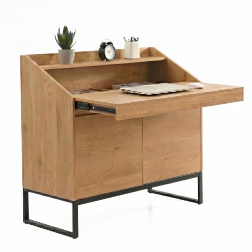 FineBuy Sekretär 100x45x95 cm Eiche-Dekor, Ausziehbar mit Stauraum | Kompaktschreibtisch Industrial mit Metallbeinen und ausziehbarer Platte, platzsparender Bürotisch