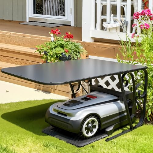 Monucep Garage pour robot tondeuse - Abri de protection en panneaux composite d'aluminium et cadre en fer solide - Protection fiable contre la pluie et les rayons UV - 80 x 56 x 43 cm