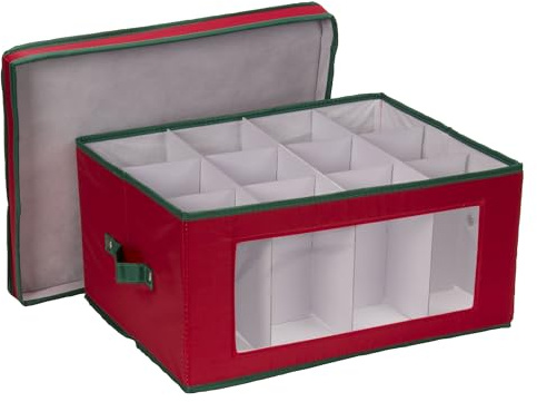 Household Essentials Holiday Wine Glass Storage Box, Strong Frame and Handles, Windowed Panel, Fully Removable Lid, Stackable and Foldable, Perfect for Wider Stemware, Red with Green Trim