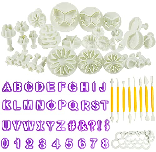 Kurtzy 84er Set Fondant Ausstecher mit Fondant Modellierwerkzeug – Wiederverwendbare Zahlen & Buchstaben Ausstecher für Fondant, Zuckerguss & Backen – Blumen-, Schmetterling-, Stern- & Blattform