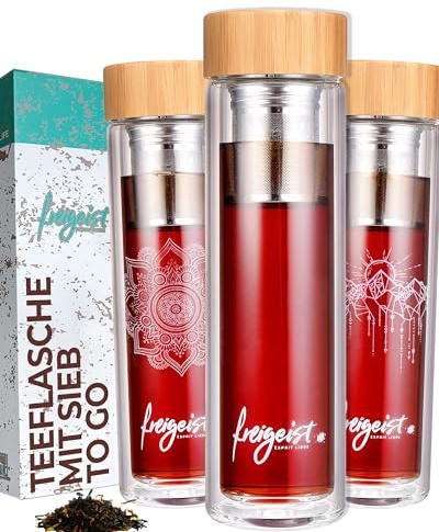 Teeflasche mit Sieb to go 500ml - attraktive Tee Flasche | Teekanne to go - Trinkflasche Tee mit Edelstahl-Filter & Hülle | Perfektes Tee Zubehör & Geschenk für Teetrinker - freigeist