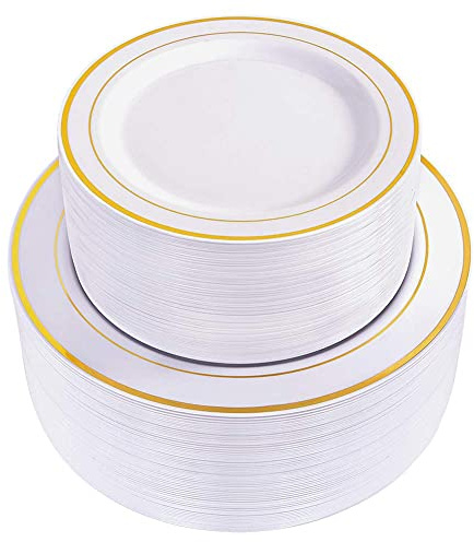 WDF 120 pieces Gold Disposable Plastic Plates - White and Gold Plates Include 10.25 Dinner Plate & 7.5 Salad Plate for Party Baby Shower Wedding Spring