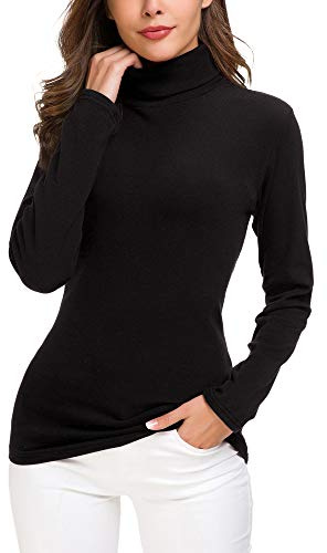 EXCHIC Dam Slim Fit Polokrage Pullover Solid Långärmad Stretchig Sweatshirt, Svart, L