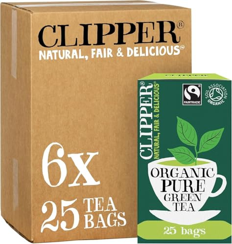Clipper Organic Pure Green Envelop String & Tag Teabags 6 x 25 Teabags | Organic Fairtrade Pure Green Tea, Antioxidant-Rich Daily Wellness, Unbleached & Biodegradable Envelop String & Tag Teabags
