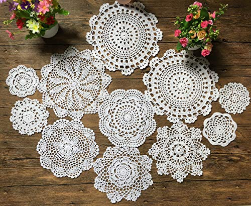 MINDPLUS Set mit 11 Handgehäkelten Deckchen Baumwolle Gehäkelte Spitzen Deckchen Untersetzer Tischset 10-25 cm Rund Weiß Vintage-Hochzeit Teeparty