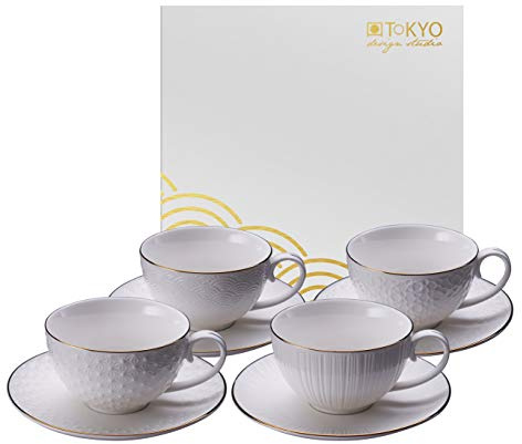 TOKYO design studio – Nippon White Gold Rim Espresso Set 4-tlg. – 100ml | Hochwertiges Porzellan mit Goldrand – vier besondere Muster – spülmaschinengeeignet – Tasse & Untertasse für 4 Personen
