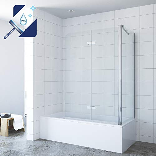 AQUABATOS Eck-Duschtrennwand Duschwand für Badewanne faltbar Badewannenaufsatz 120x140cm mit Seitenwand 70x140cm aus 5mm ESG Sicherheitsglas Nano-Beschichtung