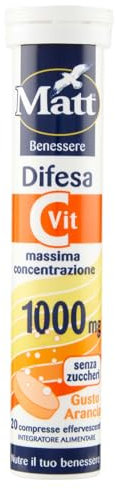 Matt, Difesa - Massima Concentrazione, Integratore Alimentare a Base di Vitamina C, Utile per la Riduzione di Stanchezza e Affaticamento, 20 Compresse Effervescenti Gusto Arancia - 90 g