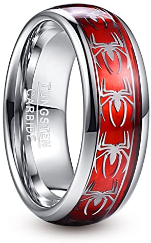 NUNCAD 8mm Bague Plaqué Argent en Tungstène avec Papier Opale Rouge + Spider Pattern Homme Femme pour Fiançailles Lifestyle Cadeau Bijoux Taille 67.2(21.4)