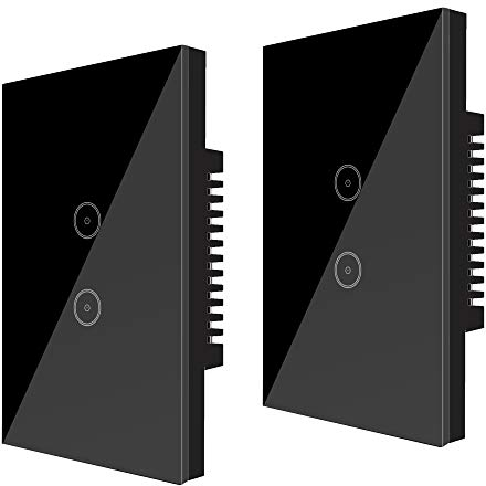UseeLink Interruttore Della Luce Intelligente WiFi, con Touch Screen in Vetro Temperato, 2 Gang, Funziona con Alexa/Google Home, Telecomando, Timer, Conduttore Neutro Richiesto, Nero (2 PCS)