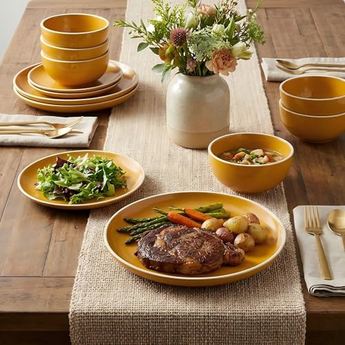Waterside - 12 Piece Saffron Yellow Stoneware Dinner Set; 4 Dinner Plates, Side Plates & Deep Bowls - Dishwasher & Microwave Safe