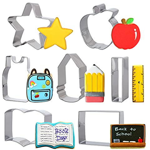 Back to School Cookie Cutter Set 7 Pack Teacher Appreciation Cutters Stainless Steel with Apple, Pencil, Black Board, Ruler, Schoolbag, Book, Fondant Dough Biscuit Mold