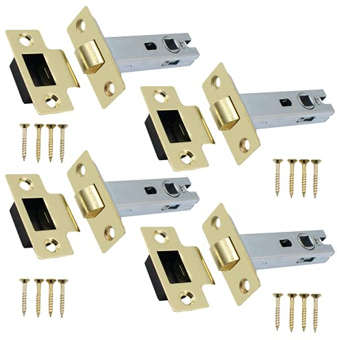 EAI Brass Plated Tubular Latch, 64mm / 2.5 Inch, Pack of 4 | Internal Door Latches, For Left and Right Handed Doors, Adjustable Keep Prevents Rattling, Dust Box and Fixings Included