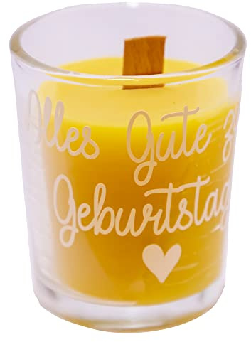 Bienenwachskerze im Glas mit Holzdocht Alles Gute zum Geburtstag