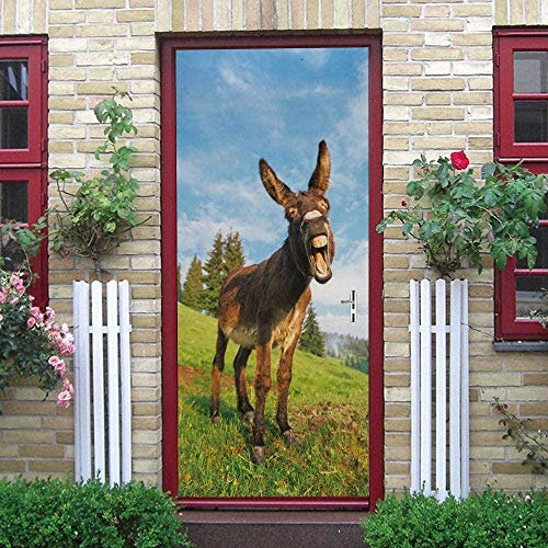 Adesivo Per Porte Interne 3D 95X215Cm Soggiorno Camera Da Letto Poster Per Porte Asino Animale Dei Prati Verdi Pvc Autoadesivo Impermeabile Carta Da Parati Casa Decorazione Arte Fotomurali