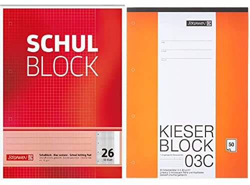 Brunnen 1052526 Schulblock/Notizblock (A4, 50 Blatt, kariert, mit Rand, Lineatur 26, gelocht, kopfverleimt, 70 g/m²) & 1042923 KIESER-Block Lineatur 3 (A4, 50 Blatt, blanko, 80 g/m², Klasse 3)