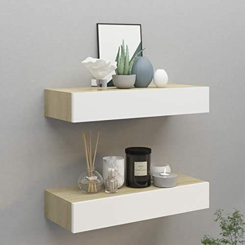 Leepesx Estantes con cajón 2 uds, Estanteria Pared, Estante con Cajon, Mueble Recibidor Fondo, Estantes Flotantes, Estanteria Cubo, Color Roble y Blanco MDF 60x23,5x10cm
