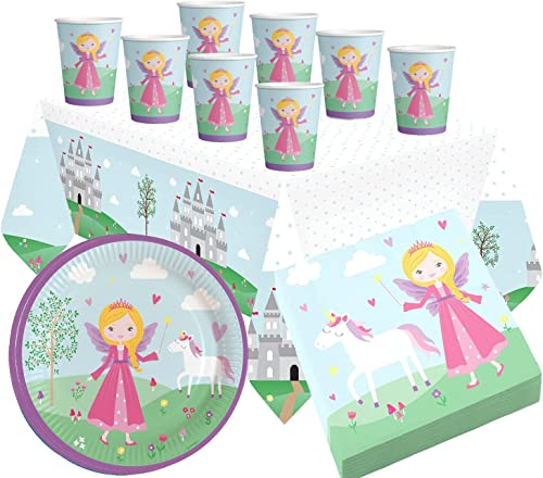 37tlg. Set Partygeschirr Prinzessin und Einhorn Geschirr Kindergeburtstag Teller Becher Servietten Prinzessin Einweggeschirr Deko Geburtstag Mädchen