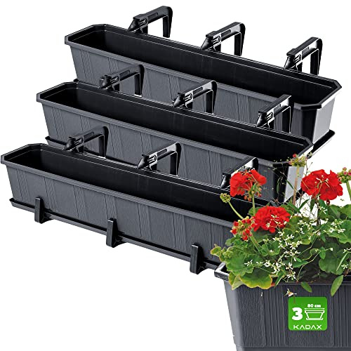 KADAX Set 3x80cm Blumenkasten Anthrazit, Balkonkasten aus Kunststoff, Pflanzkasten für Blumen und Kräuter, Widerstandsfähiger Balkontopf, Pflanzkübel für Balkon