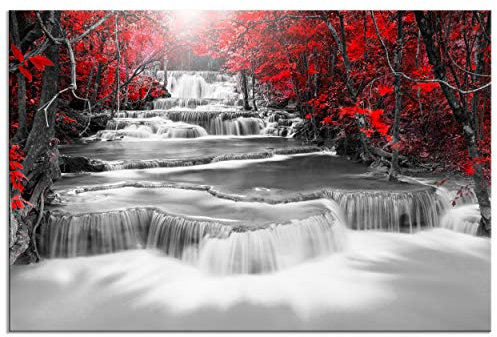 decomonkey - Tableau Acoustique noir et blanc Chute d'eau 120x80 1 Pièce - Impression sur Toile Décoration Isolation Peinture Phonique Déco Bureau Des arbres paysage forêt nature rivière cascade