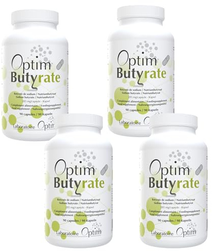 OPTIM Butyrate Integratore Butirrato di Sodio, Pack 4 x 90 Capsule | Acido Butirrico, Microincapsulato Lento Rilascio nel Intestino, Colon Transito Intestinale, Altamente Dosato, Vegano