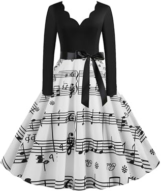 EFOFEI Femme Plissé Robe à Manches Longues Robe à Pois à Manches Longues Robe de Soirée à Note de Musique Blanc 3XL