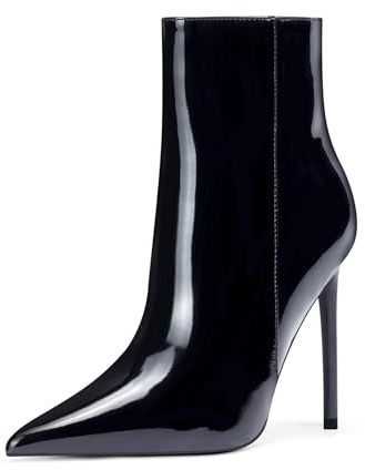 GENSHUO Stiefeletten für Damen, spitze Zehenpartie, 11 cm hoher Absatz, Reißverschluss, Stiletto-Absatz, Herbststiefeletten, Lackschwarz, 40 EU