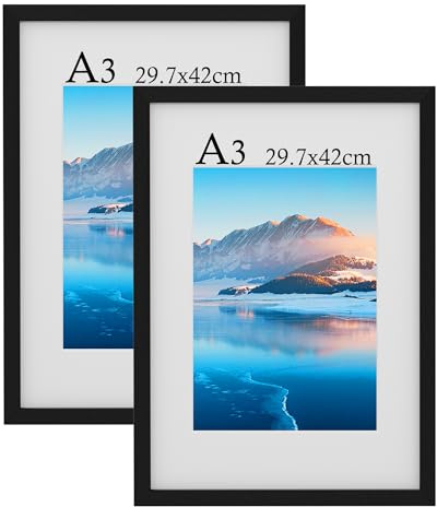 DTXDTech A3 Frame 2 Packs, 29,7 x 42 cm Holz-Bilderrahmen Fotorahmen mit Plexiglas, Wandmontage, A3 Posterrahmen für Schlafzimmer und Wohnzimmer Dekoration (Schwarz)