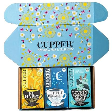 Cupper Bio Tee Set Topseller, Tee Geschenkset, Früchtetee, Kräutertee, drei verschiedene Sorten, 60 ungebleichte, plastikfreie Teebeutel, 3er Pack | Klassische Früchte- & Kräutertees | plastikfrei | fair gehandelt | ideales Tee-Geschenk