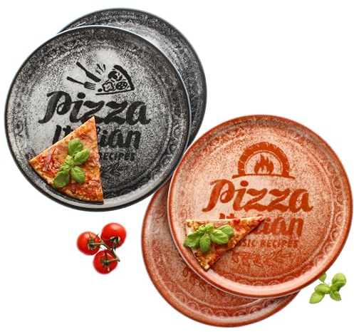 MamboCat Set di 4 piatti per pizza, rosso e nero, Ø 31 cm, per 4 persone, grandi piatti per pizza in porcellana con decorazione e scritta I per pizze o per creare, piatti da portata XL