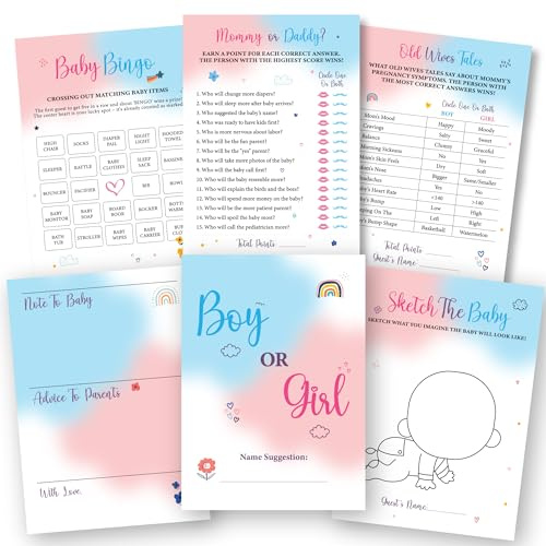 Woodamore Baby Gender Reveal Games for 25 Guests, 6 Games 75 Cards 5x7 | 75 double sided cards 5x7 in, bingo, vote boy or girl, mommy or daddy, old wives tales, blue and pink