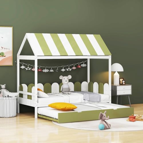 Skcess Kinderbett 90X190Cm Mit Ausziehbett, Hausbett Für Jungen Und Mädchen Mit Dach Und Rückenlehne, Massivholzbett Mit Lattenrost, Grün