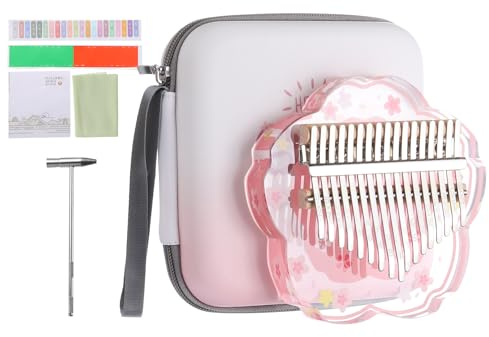 sourcing map 17 Keys Thumb Piano,Transparent Pink Flower Portable Finger Piano with Carry Box Musical Note Stickers Tuning Hammer Cleaning Cloth Gifts