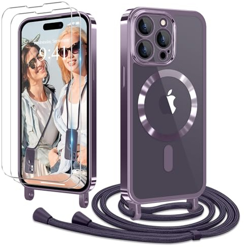 Ethanger Coque pour iPhone 14 Pro Max avec Cordon + 2×Verre Trempé, Violet | Coque Transparente TPU Bumper Silicone Etui Housse avec Cordon de Collier Réglable, Cover Magnétique
