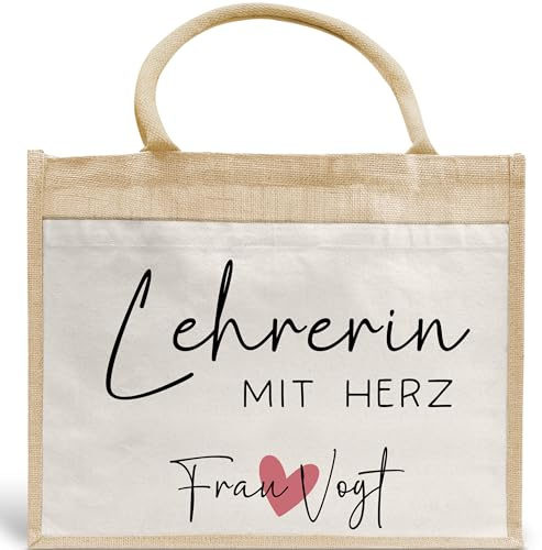 Lehrerin mit Herz Tasche mit Namen - kleines Geschenk - Dankeschön Juteasche Abschiedsgeschenk - Beste Lehrerin mit Wunschtext