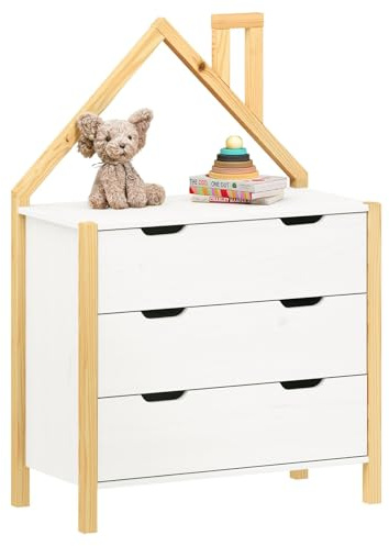 IDIMEX Kommode ELANO in Hausform - Weiß aus massivem Kiefernholz, 3 große Schubladen, Kinderzimmer Aufbewahrung, Kleiderschrank, Kinderzimmer möbel, Schubladenkommode