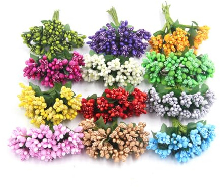 144pcs Artificial Mini Flower Stamen Pistil and Soft Stem,20mm Tiny Berry for DIY Wedding Make Bridal Hair Clips,Cake Top,Wrist Corsage Boutonniere,Candle Rings Wreath Bracelet Flower (Multicolor)