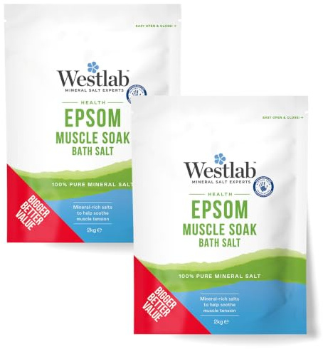 Westlab Health Epsom Bath Salts 2kg (2 Pack) | Help Soothe Tired Muscles While Relieving Tension & Supporting Muscle Health, 100% Pure Mineral-rich Salt