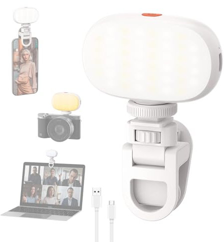 Smiling Shark LED Lampe Telephone, Portable Lumière Caméra avec Clip & Cold Shoe Rechargeable Dimmable 3 Couleurs Lumière CRI 95+ Mini Lampes Selfie pour Appareil Photographies Vidéo Ordinateur