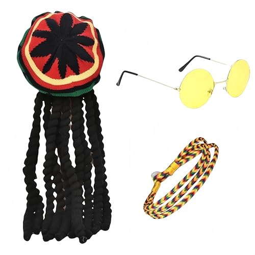 SDXCJY Rasta-Set, authentische jamaikanische Dreadlocks-Perücke, Hut, gelbe Brille und geflochtenes Armband für Partys, Cosplay und Maskerade