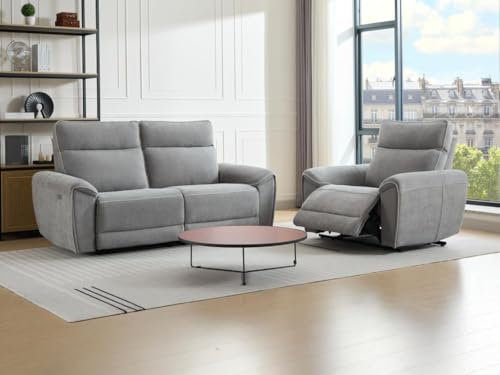 Vente-unique-Relaxsofa 3-Sitzer & Relaxsessel elektrisch - Stoff - Grau - DJARALO
