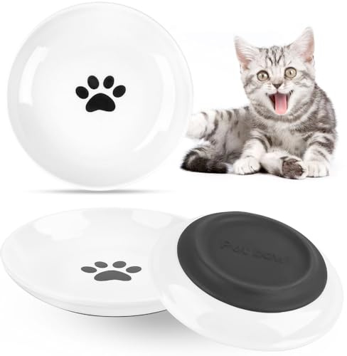 katmerio 2 Stück Katzennapf Keramik, Futternapf für Katze mit Rutschfestem Gummiboden, Rutschfester Fressnapf, Flacher Katzenteller, Katzen Napf für Katzen, Kleine Hunde